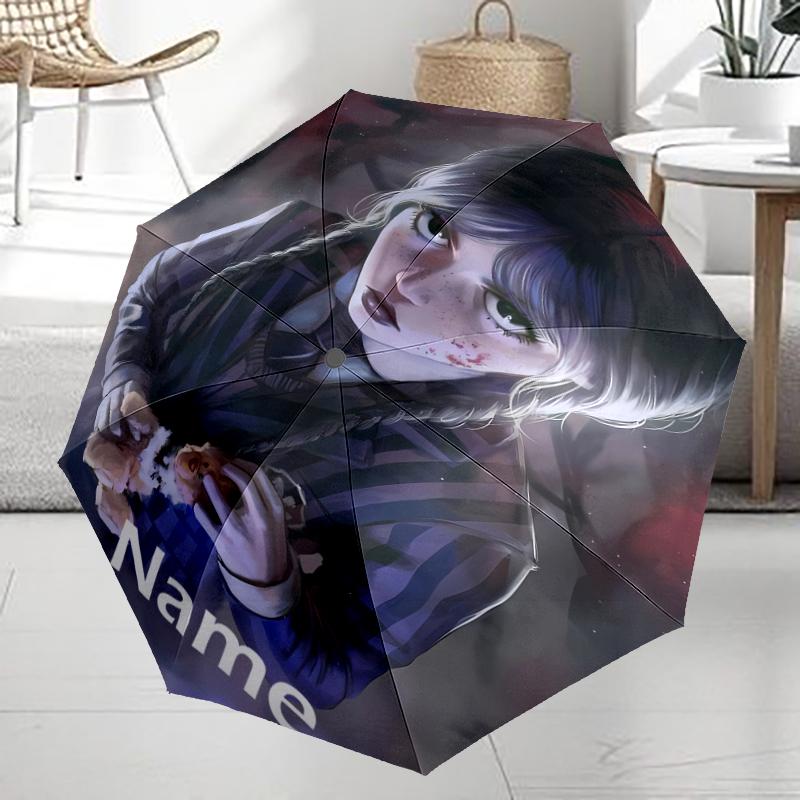 Custom Name Wednesday Theme Automatic Umbrella, Lightweight & Portable, 8 Rib, Perfect for Outdoor Travel, Birthdays, Christmas, Gifts.