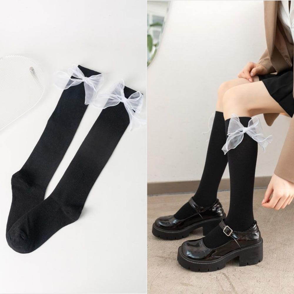 Schleife Röhrensocken Damen Frühling und Herbst Schwarz und Weiß JK Lolita Wadenstrümpfe Japanische Mädchen College-Stil Kniestrümpfe