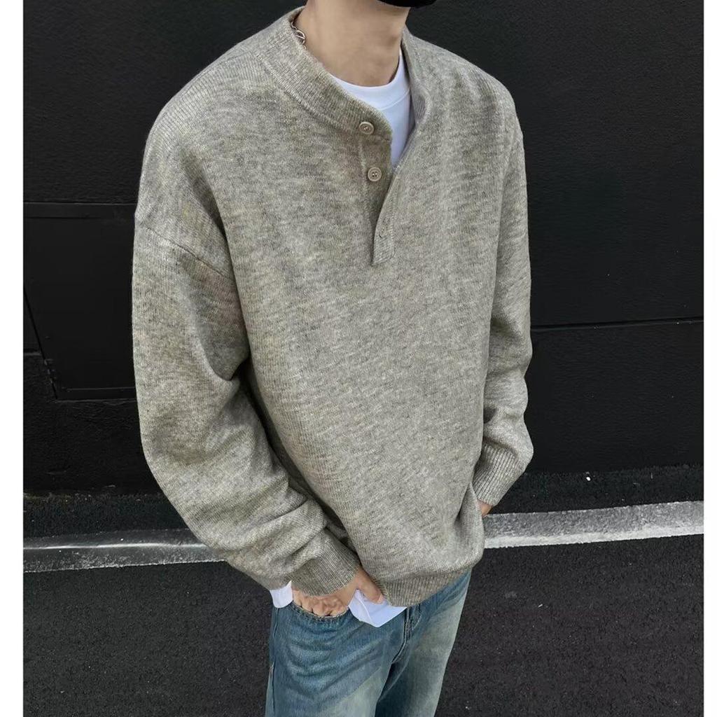 Men's Black Retro Henley Sweater - Lazy Spring/Fall Knit Top