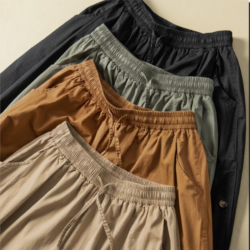 Johnature Women Vintage Loose Spring Wide Leg Pants Elastic Waist Cotton Belt Pockets Trouser Casual Pants