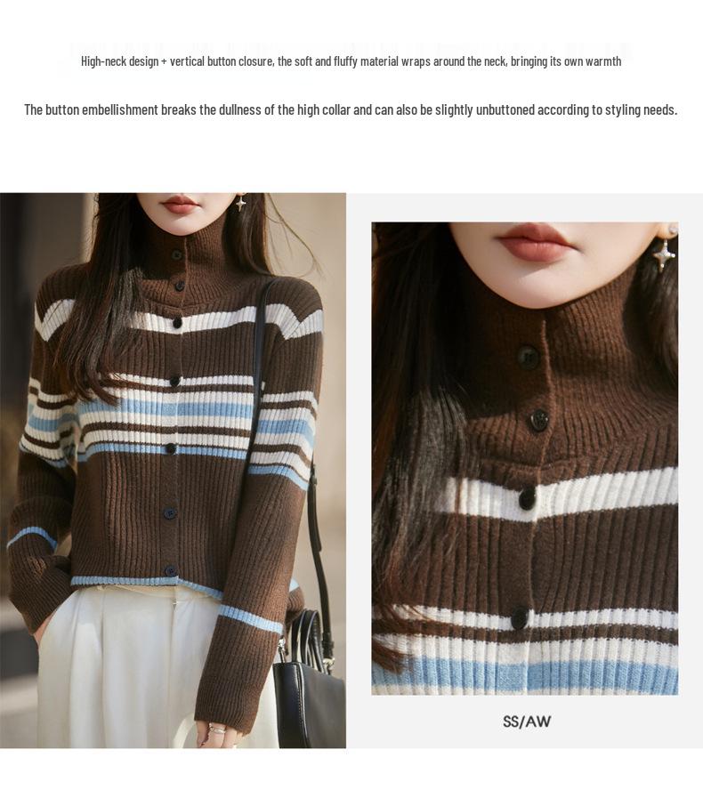 Women's Retro Color Block High Neck Knit Cardigan - Autumn Winter Long Sleeve Korean Style Sweater in Coffee Tone.