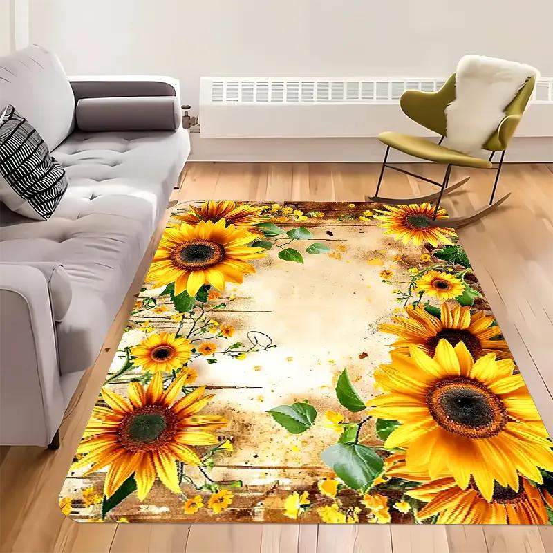 Black Background Sunflower Print Large Rug Soft Living Room Carpet Wear-resistant Floor Mat Sofa Bedroom Home Easy Clean Decor