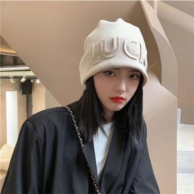 Women Autumn Winter Warm Knitted Cap Female Lady Japanese Hip Hop Loose Beanie Hats Solid Color Letter Fashion Beanie Style Hats