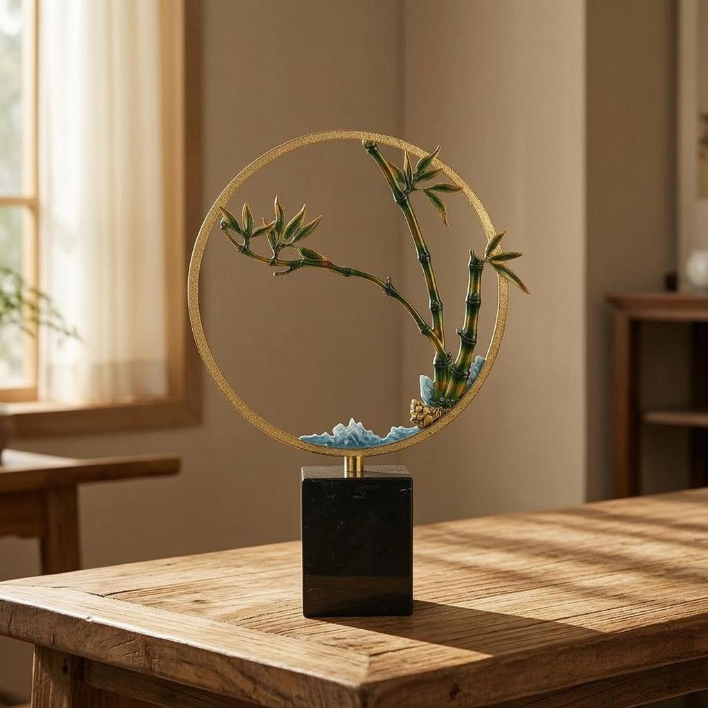 Bamboo Ornament with Marble Base Gold-Toned Decor Slim for Entryway, Hotel Lobby