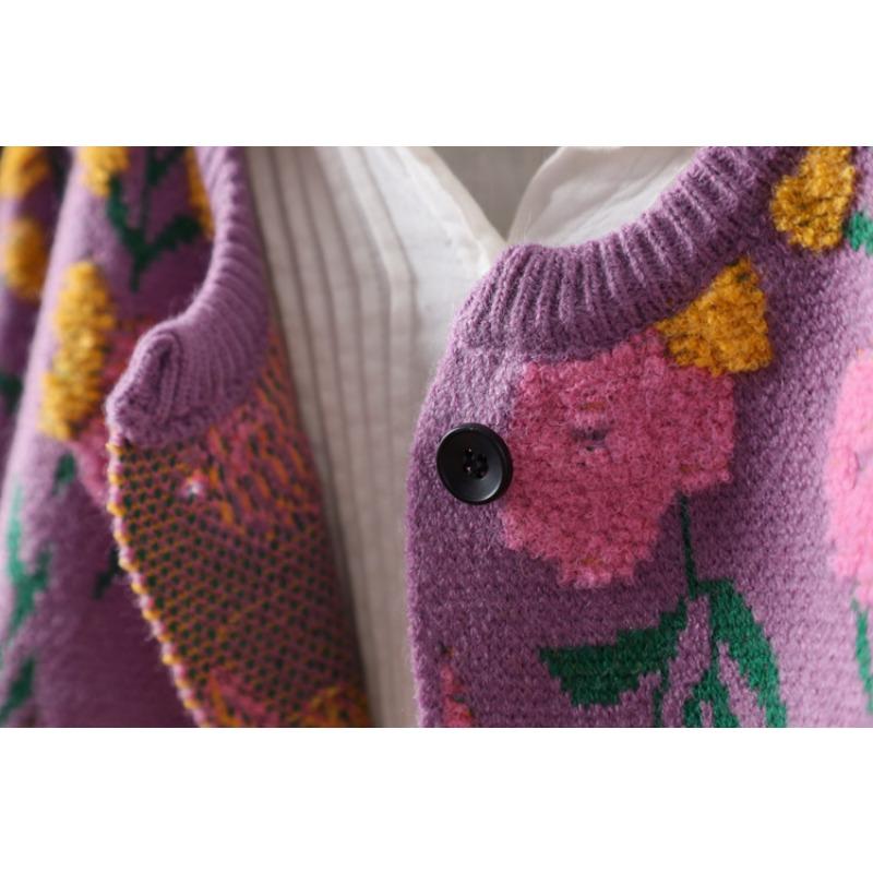 Dimanaf 2025 Květinové svetry Kardigan Podzim Ženy Potisk O-výstřih Svetry Pletení Volný Černý svetr