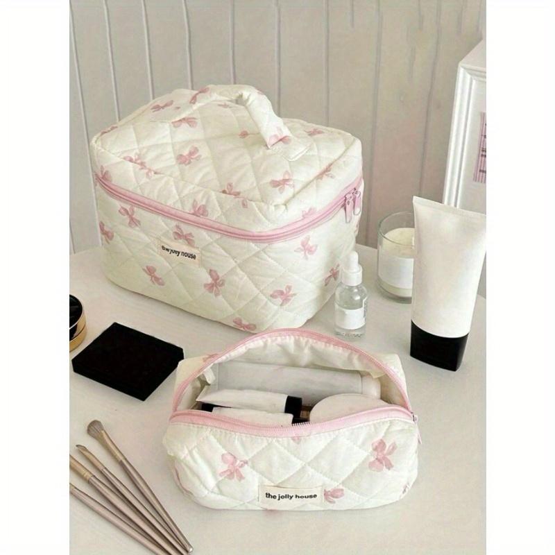 Cute Pink Bow Print Travel Cosmetics Bag, Multi-Function Cosmetics Handbag Purse Bag Portable Cosmetics Brush Storage Handbag