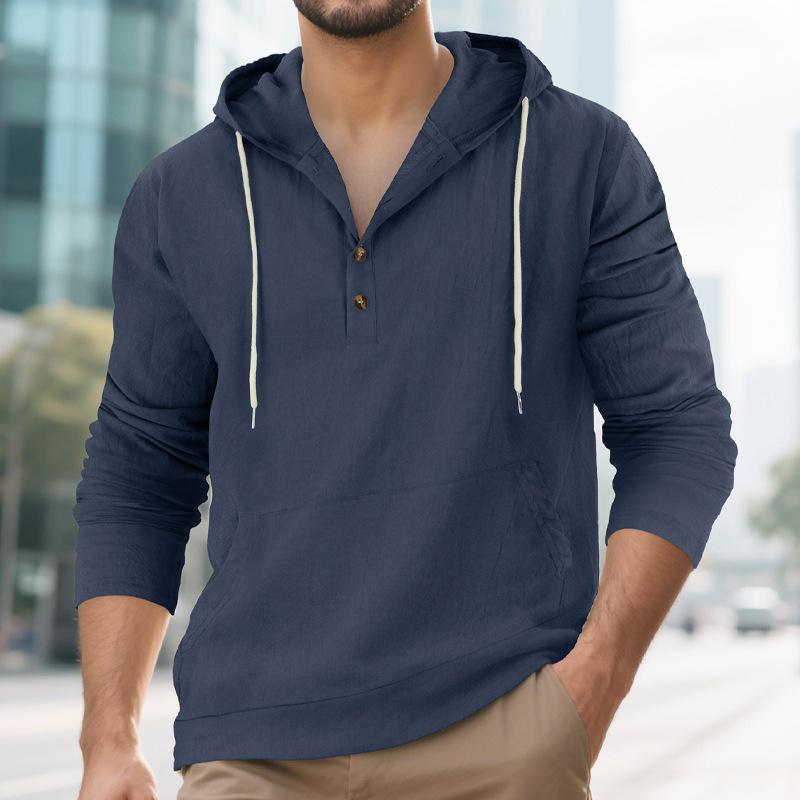 T-shirt casual Henley da uomo a maniche lunghe con cappuccio, vestibilità larga, in lino, per primavera/autunno, con tasche oversize