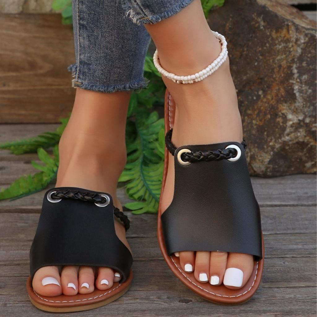 Leichte Sandalen für Damen Sandalen mit einem Riemen Elegante flache Sandalen mit offenen Zehen Sommer-Slides Rutschfeste Sommer-Sandalen für Freizeit, Party, Strand Niedliche Sandalen mit Fußbett für Damen