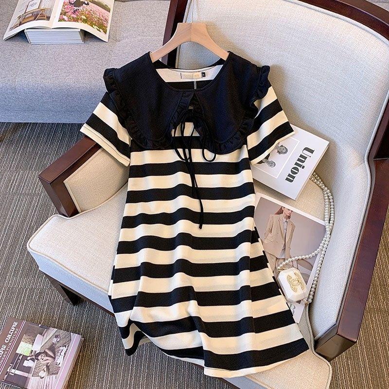 

Plus Size Women s Summer Striped Doll Collar Waist-Cinched Mid-Length Dress M (Approx. 40-50 kg)