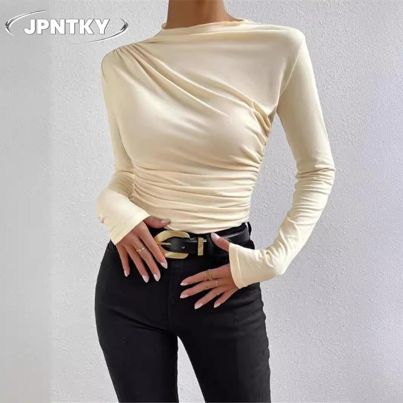 JPNTKY Women's Fashion Casual Solid Color Print Long Sleeve O-Neck Blouses & Shirts Unique Design