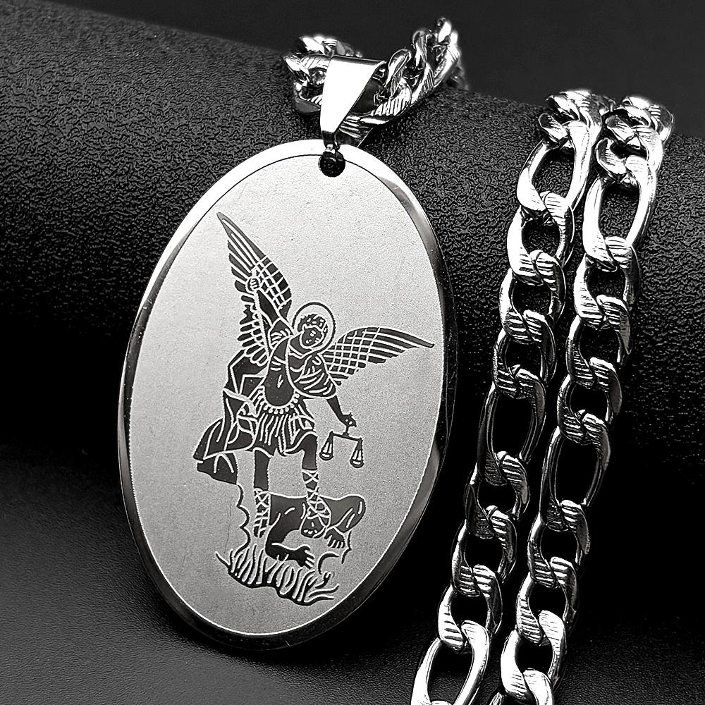 Archangel St.Michael Protect Us Oval Medal Pendant Necklace for Women Men Stainless Steel Gold Color Saint Michael Chain Jewelry