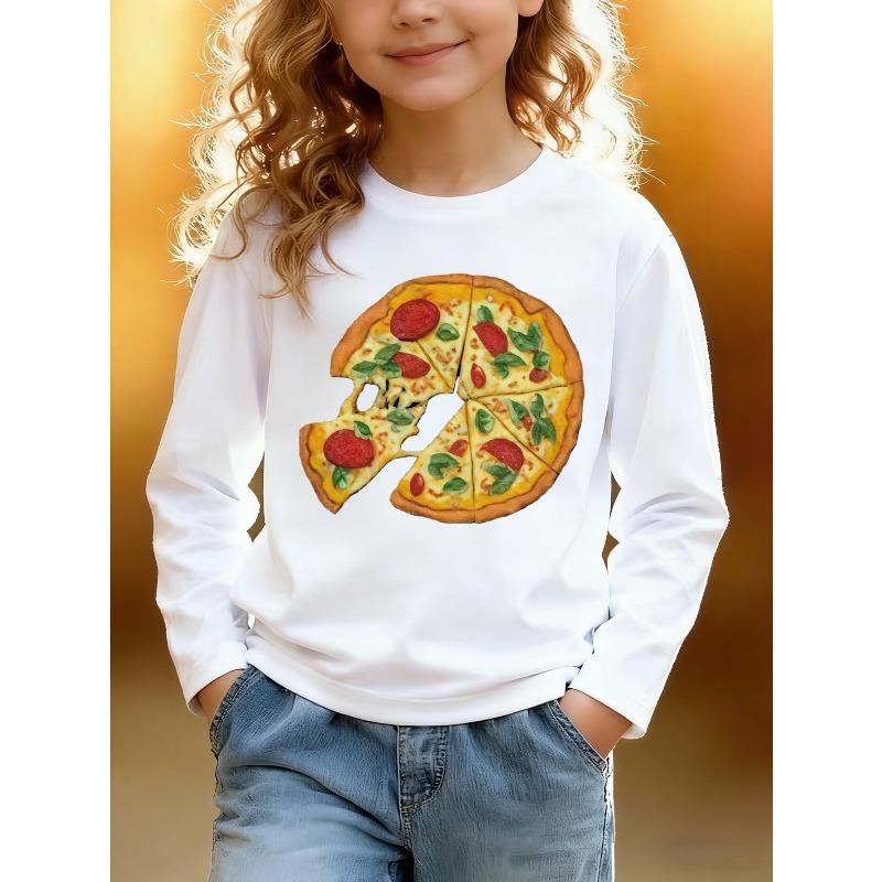 European sizes Kids' Long Sleeve Top, Fashionable Round Neck Sweatshirt with Fun Pizza Print, Cute Top for Casual Daily Wear, Ideal Gift for Kids