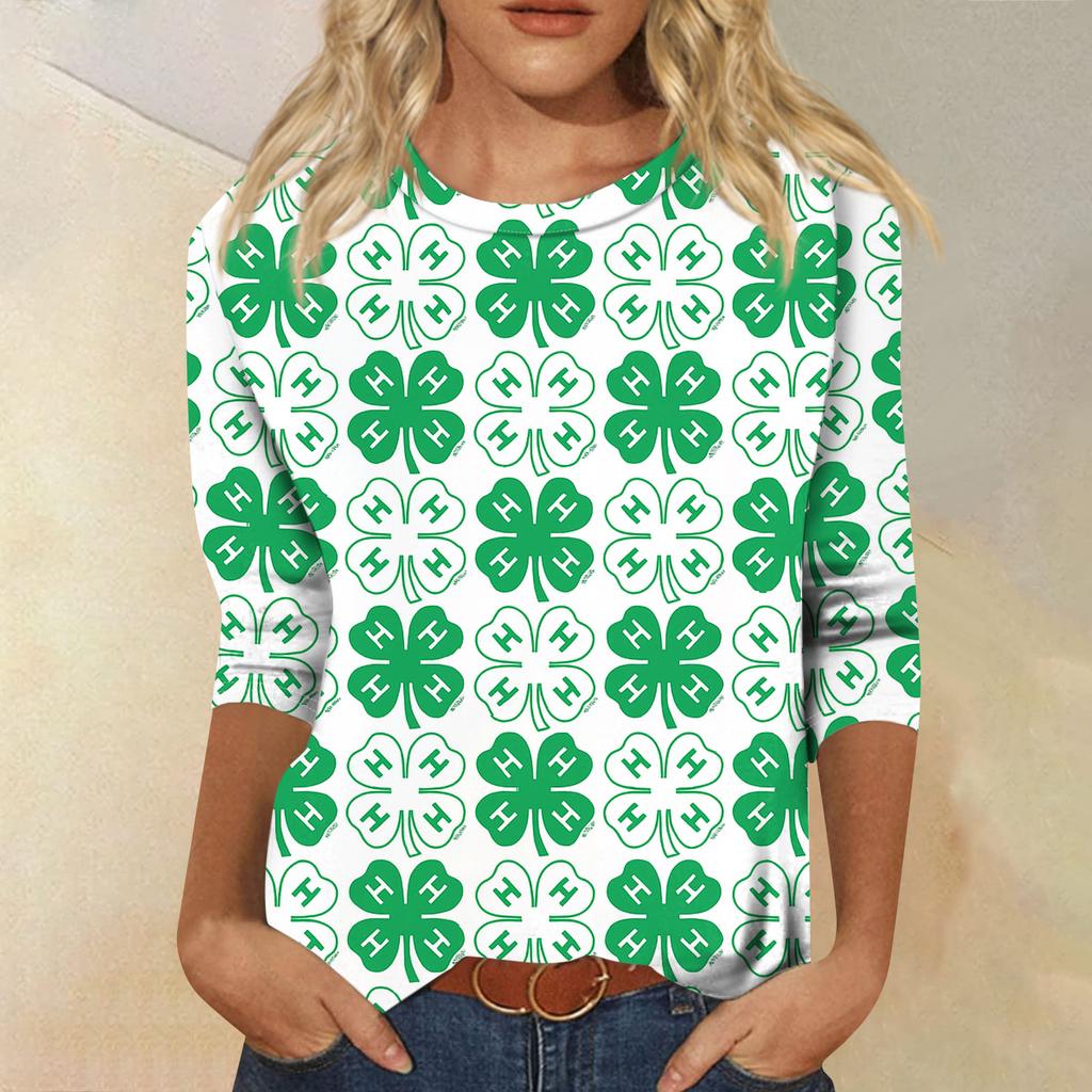 Women's Fashionable Casual Three-quarter Sleeve  Printed Round Neck Top