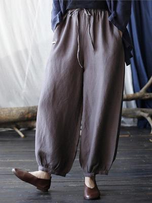Women Casual Cotton Linen Pants Elastic Waist Coffee Loose Autumn Trouser Female Vintage Straight Pants