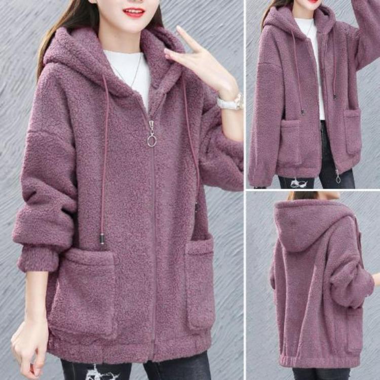 Winter Warm Plush Zipper Cardigan Jacket Women Coat Thick Solid Color Pockets Long Sleeves Loose Outdoor