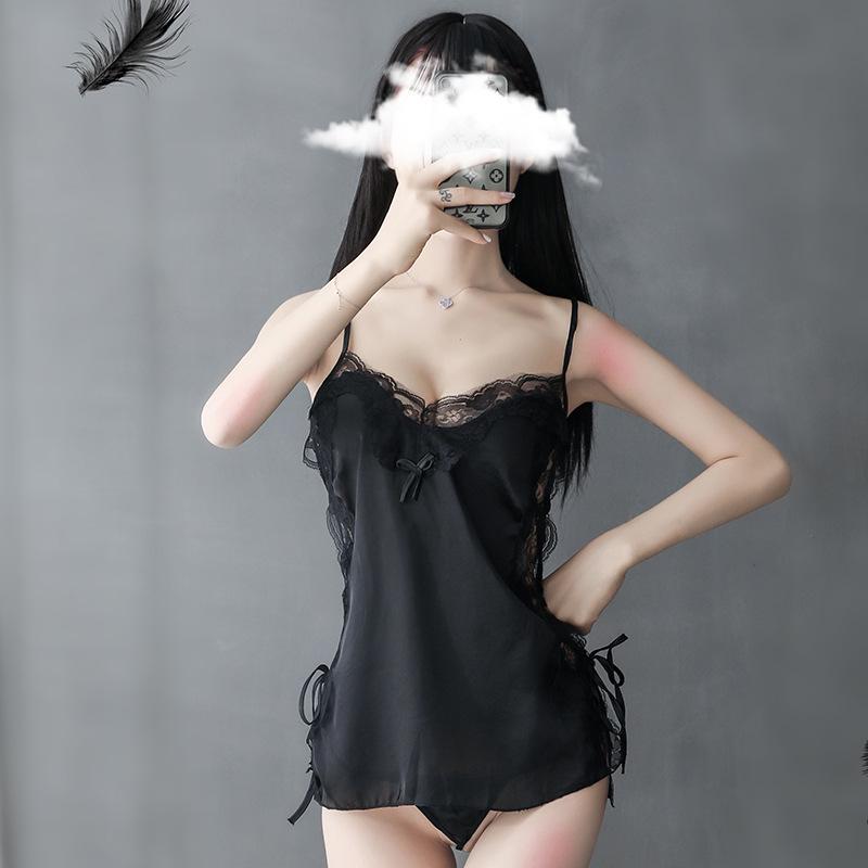 

New Temptation Lace Cutout Faux Silk Backless Pajamas - Sexy Deep V Camisole Nightgown Lingerie One Size чорний