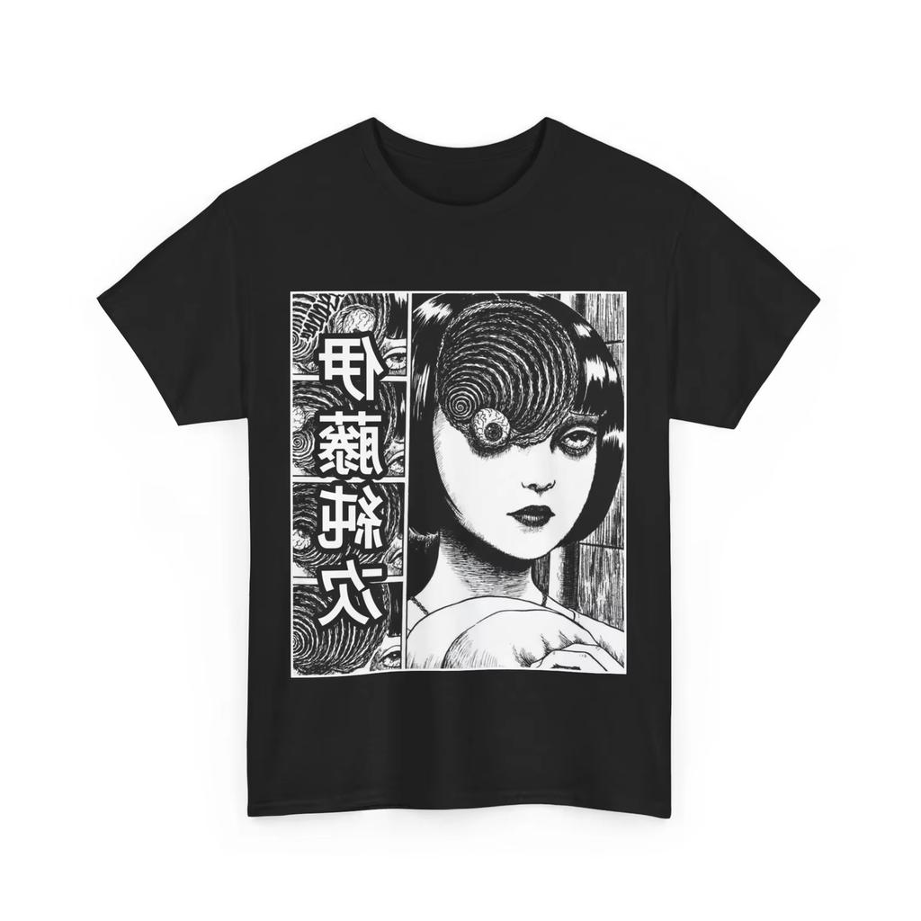 2026 Summer Junji Ito Uzumaki Spiral Horror Print T-shirt Black Oversized Cotton Casual Streetwear Tee for Fans