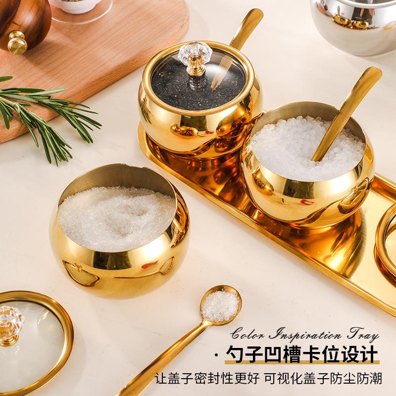 Praktisches Gewürzgläser-Set aus 304 Edelstahl, ausgestattet mit transparentem Glasdeckel, Löffel und Tablett, Küchenwürzzubehör