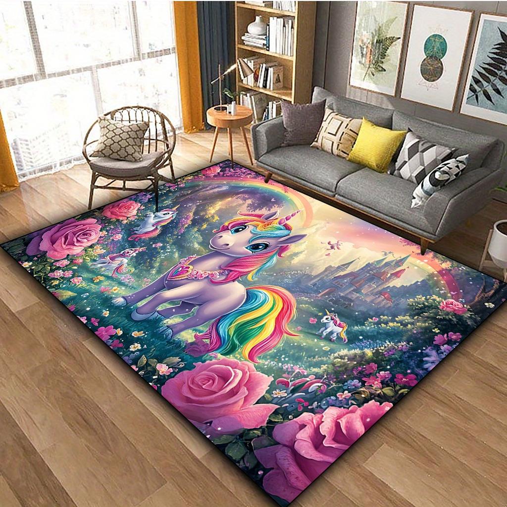 Product 1pc Rainbow Unicorn Pattern Printed Mat,Indoor Area Decorative Mat,Table and Chair Anti-Slip Mat,Outdoor Camping Mat,Non-Slip,Hair-F