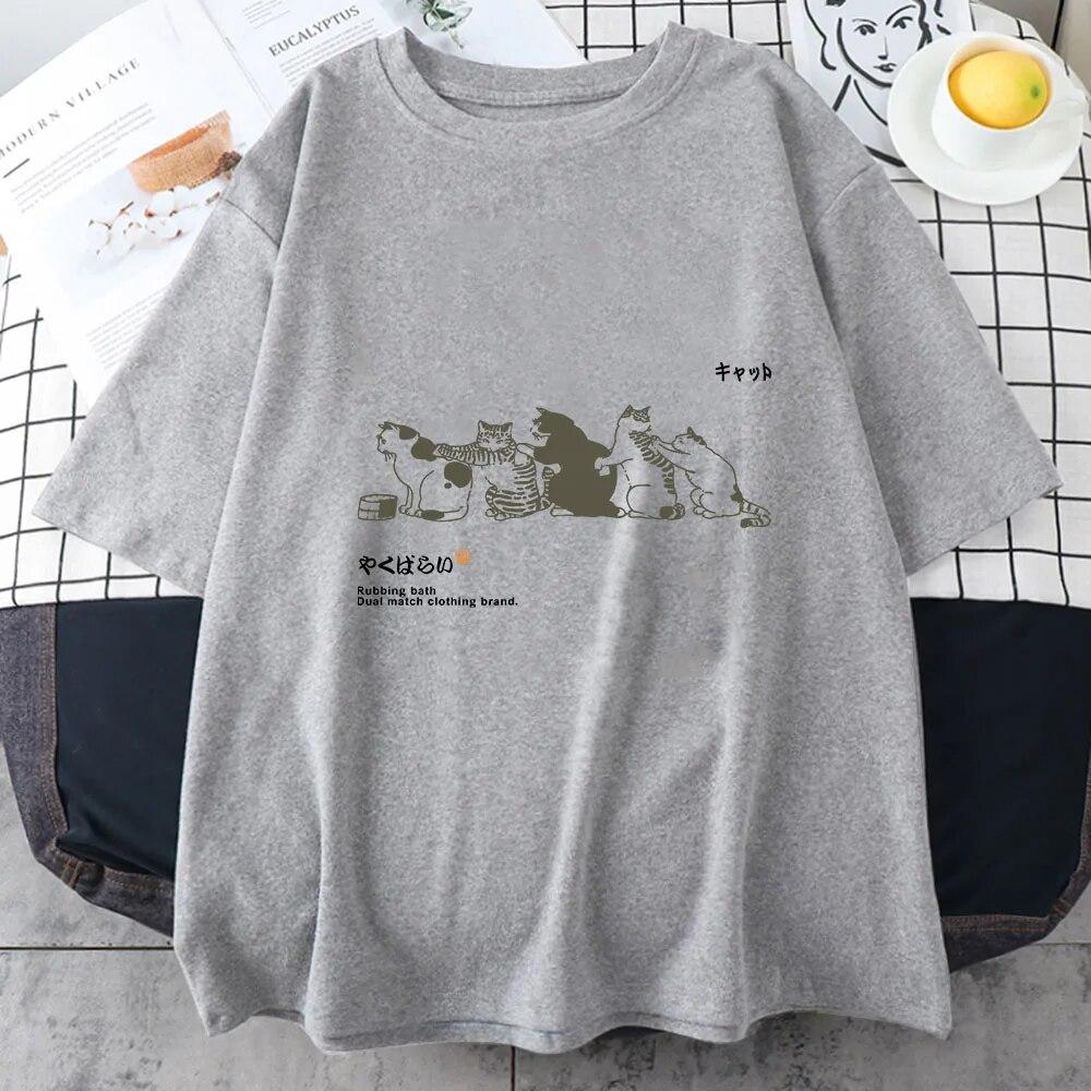 Japanese Kanji Cat Cute/kawaii Graphic T Shirt Women's Summer Fashion Tees Harajuku Aesthetic Short Sleeve Cartoon Y2k Clothes Unisex T-shirt