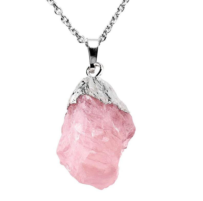 Natürlicher Amethyst Rosenquarz Rohstein Anhänger Unregelmäßig Chakra Heilstein Silberrand Halskette Damen Geburtstagsgeschenk