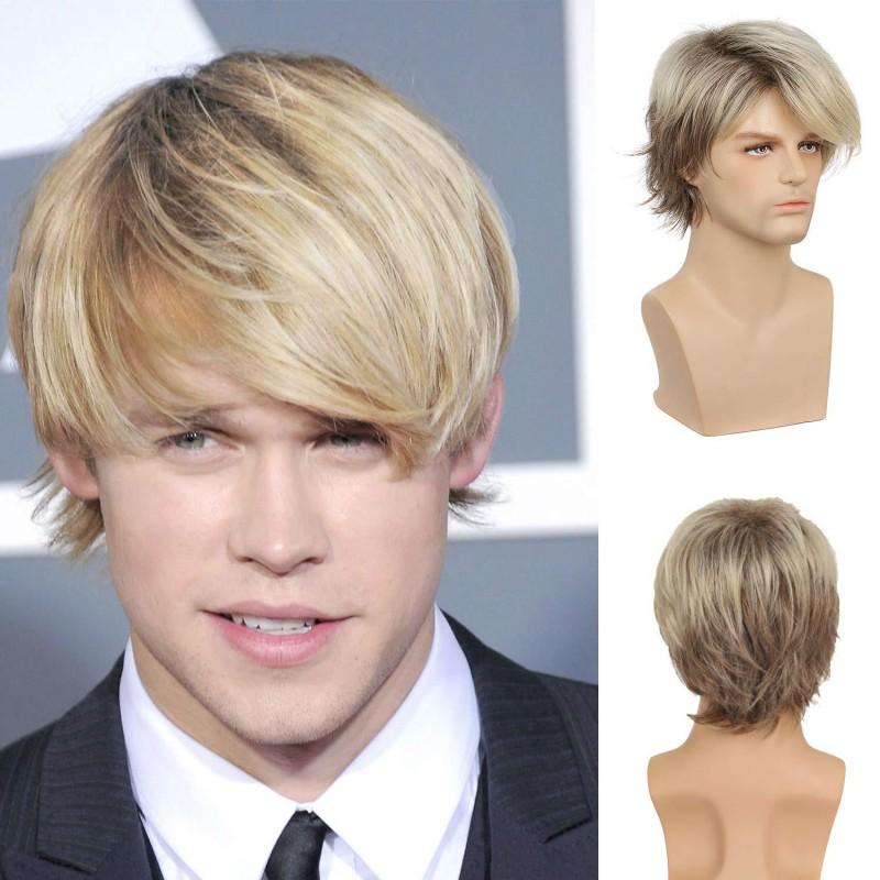 Mens Short Wig Side Part Brown Blonde Mix Heat Resistant Synthetic Hair Any Face Shape