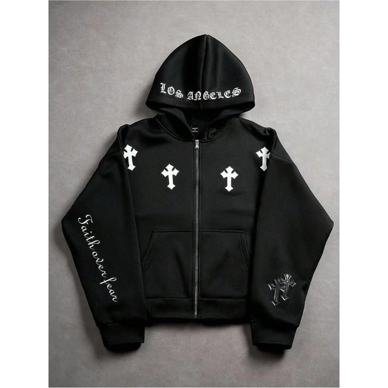 Casual Dark Thorn Print Zip-Up Hoodie Couples Regular Weight