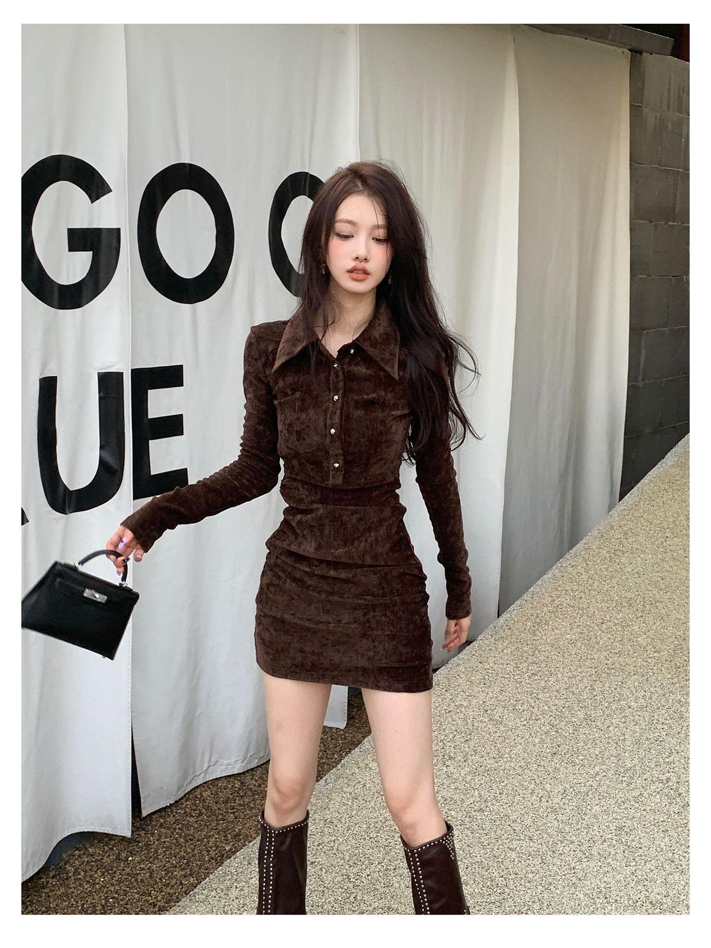 

Hepburn Style Women s High-End Waist-Cinched Slimming Dress with Lapel, Perfect for Spring and Autumn. Medium кавовий