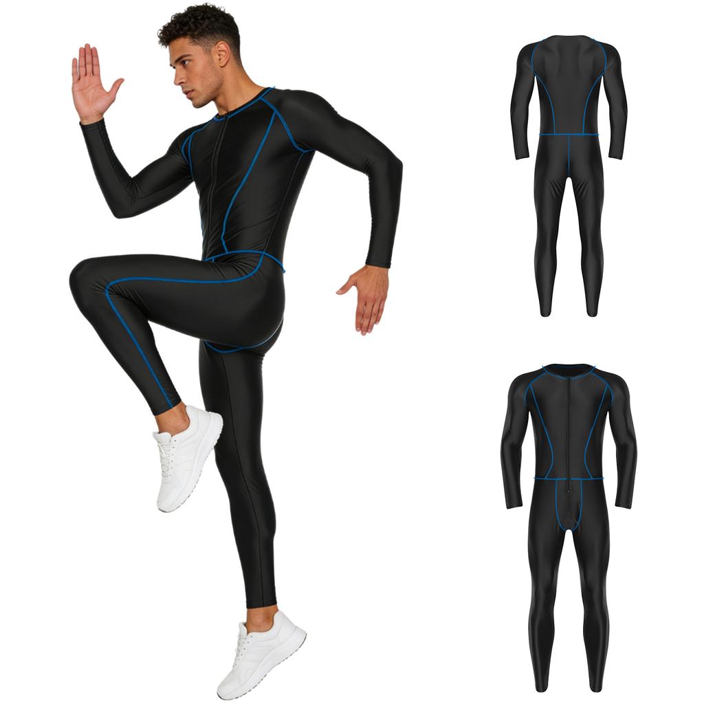 Tuta Intera da Uomo per Adulti Costume da Bagno Esterno Cuciture Piatte Zip Frontale Pantaloni Lunghi Lucidi Aderenti Tuta a Compressione Bodysuit da Yoga