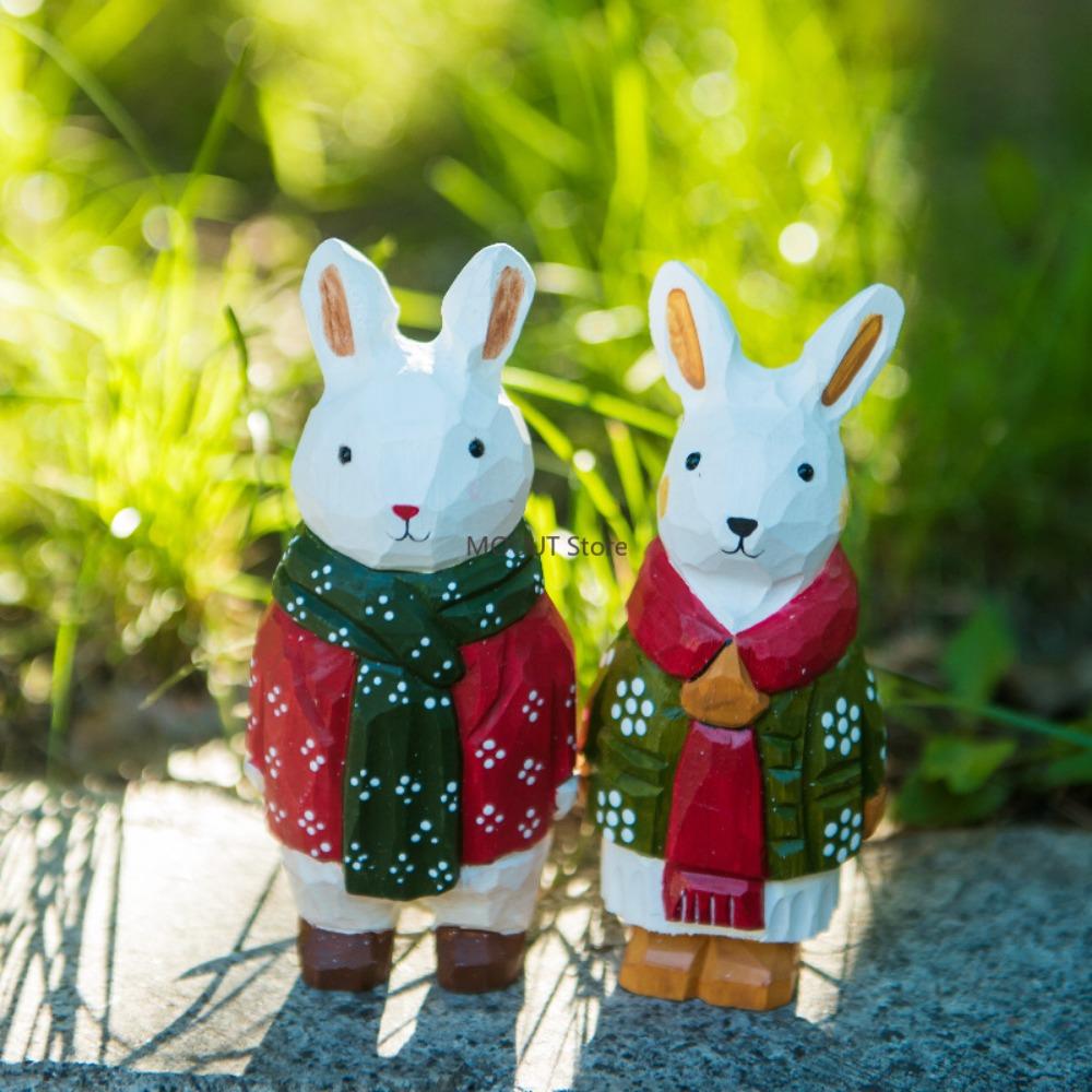 Handcrafted Wood Carving Rabbit Man Figurines Ornaments Home Office Kawaii Desktop Decor Birthday Christmas Gift for Family