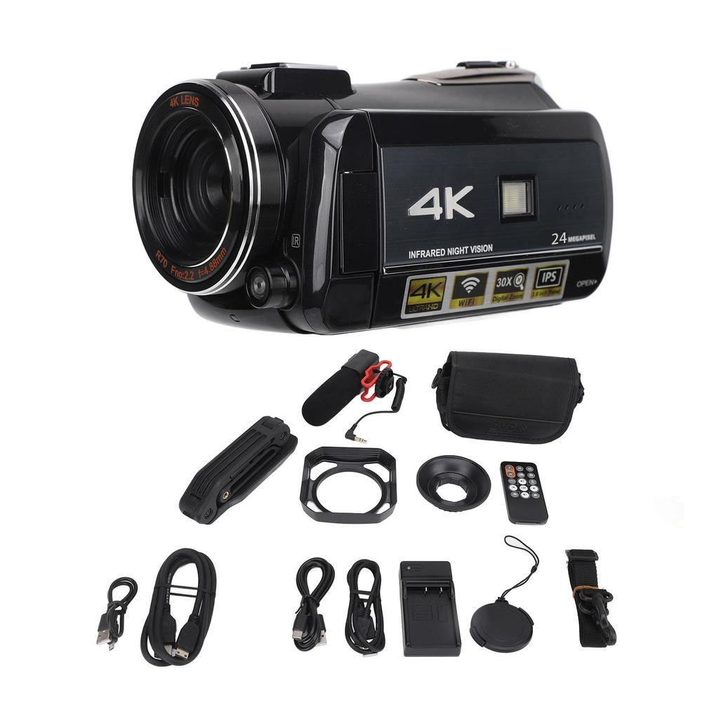 Video Camera Camcorder 4K 24MP Ultra HD 3.0in IPS Rotation Touchscreen IR Night Vision Anti Shake
