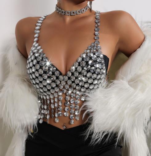 Club Festival Outfit Sexy Fashion Acrylic Jewelry Diamond Crystal Pendant Tassel Chest Distinctive Waist Body Chain Top Vest