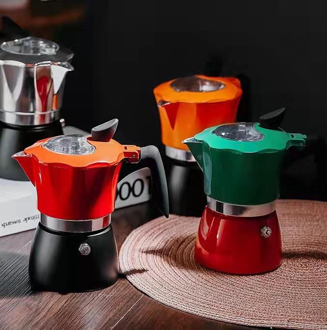 Latest Style Premium Aluminum Double Colors Italian Stove Top Coffee Maker Espresso Moka Pot with Transparent Lid