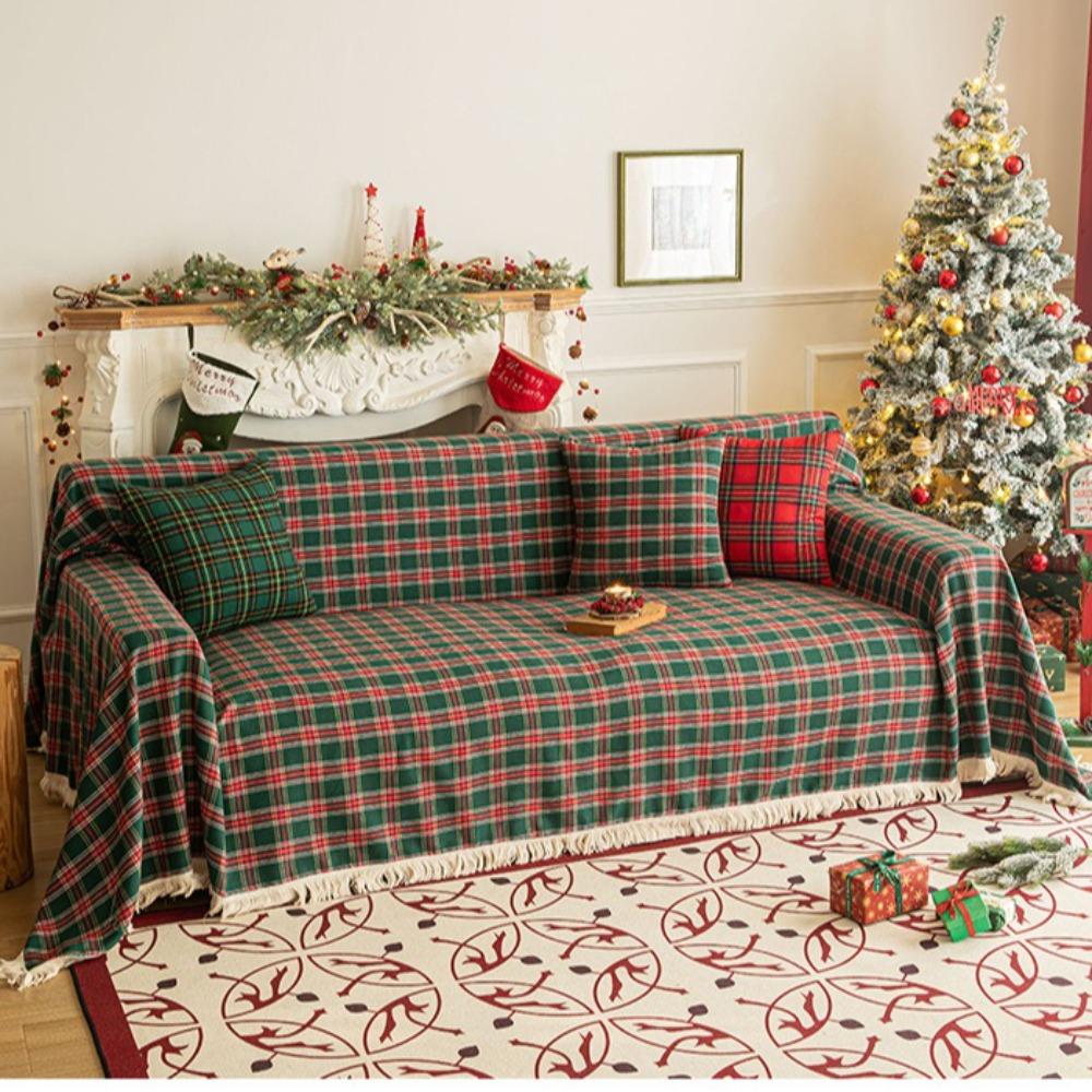 Christmas Sofa Cover American Retro Holiday Red Green Plaid Slip Proof Full Coverage Fringe Couch Blanket