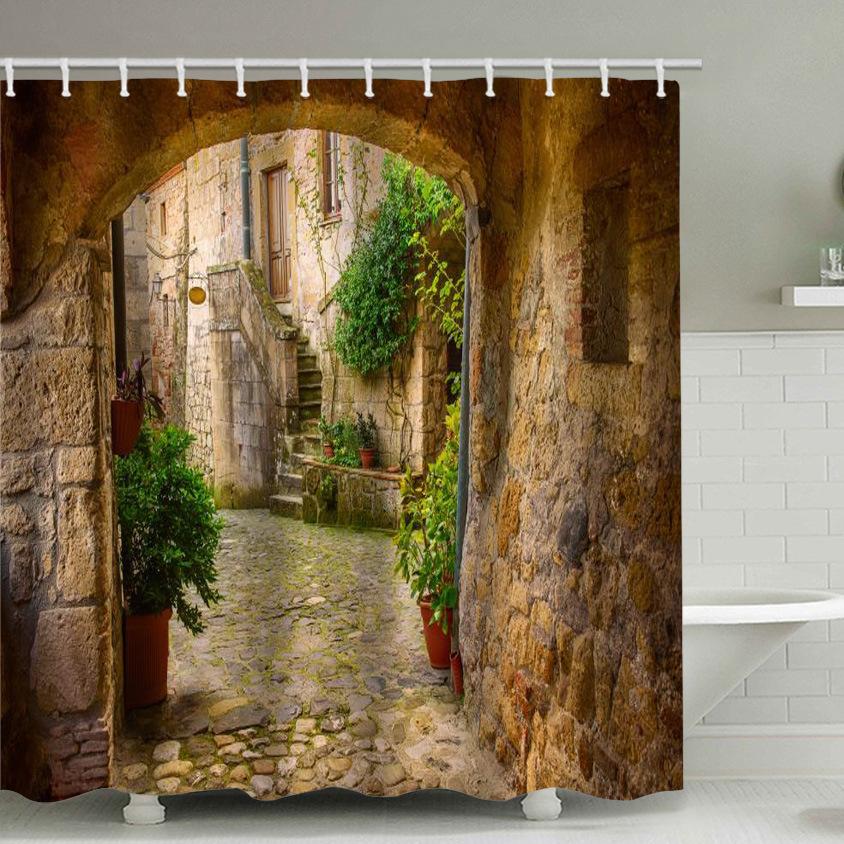 Pattern Landscape Bathroom Shower Curtain Waterproof Hook Bath Accessories Decor