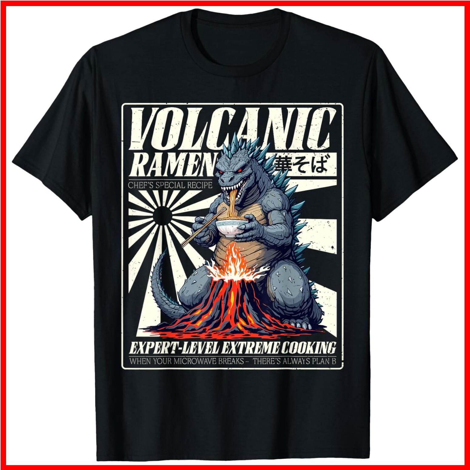 Giant Kaiju Eating Japanese Ramen Monster Lover Birthday Black Cotton T-Shirt XL