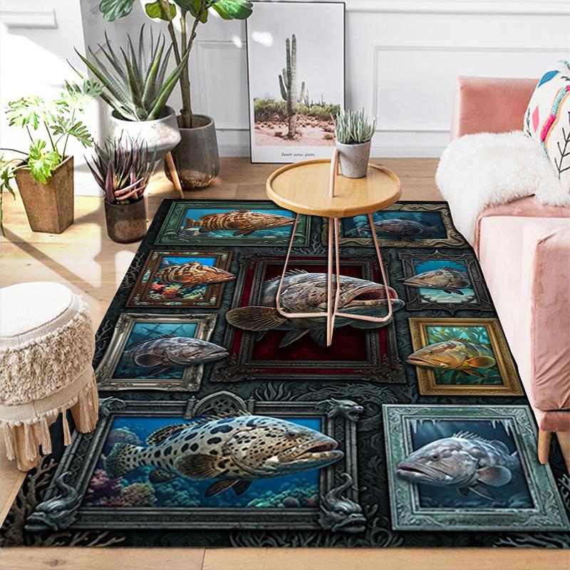 Ocean Fish Collage Pattern Rug Floor Mat for Living Room or Bedroom Soft and Comfortable Carpet a Gift for Birthday and Holiday.