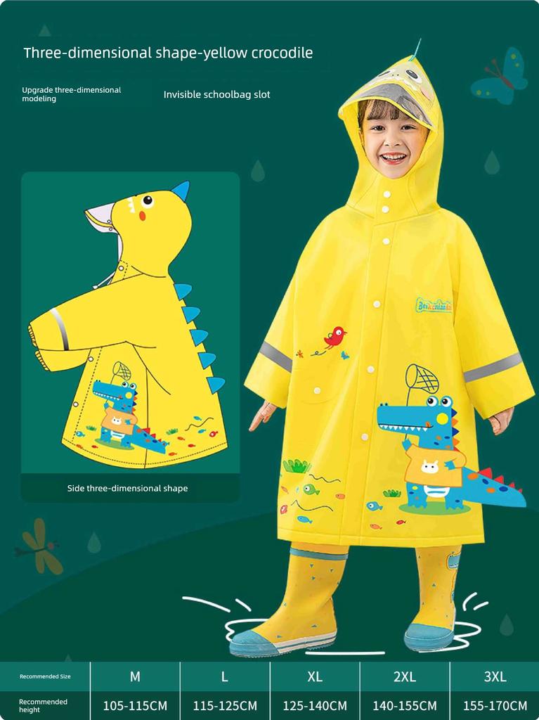 Kindergarten Eva Children's Raincoat Cartoon Cute Thickened Enlarged Brim Snap Button 3D Backpack Reflective Strip Unisex
