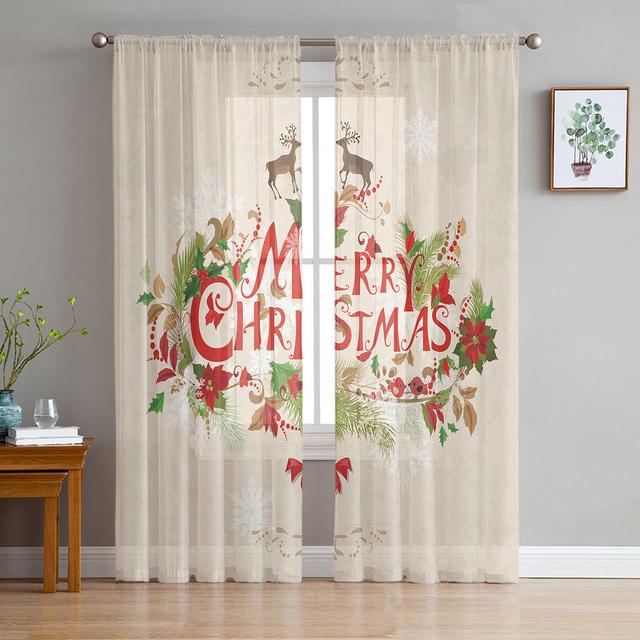 Christmas Elk Cartoon Gift Tulle Curtains For Living Room Decoration Modern Chiffon Sheer Voile Kitchen Curtain