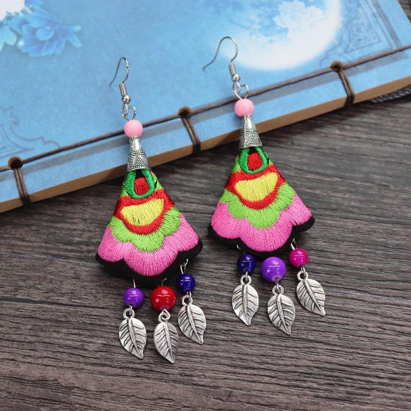 Retro hand-embroidered fabric earrings female long flower fringed versatile temperament performance earrings earrings