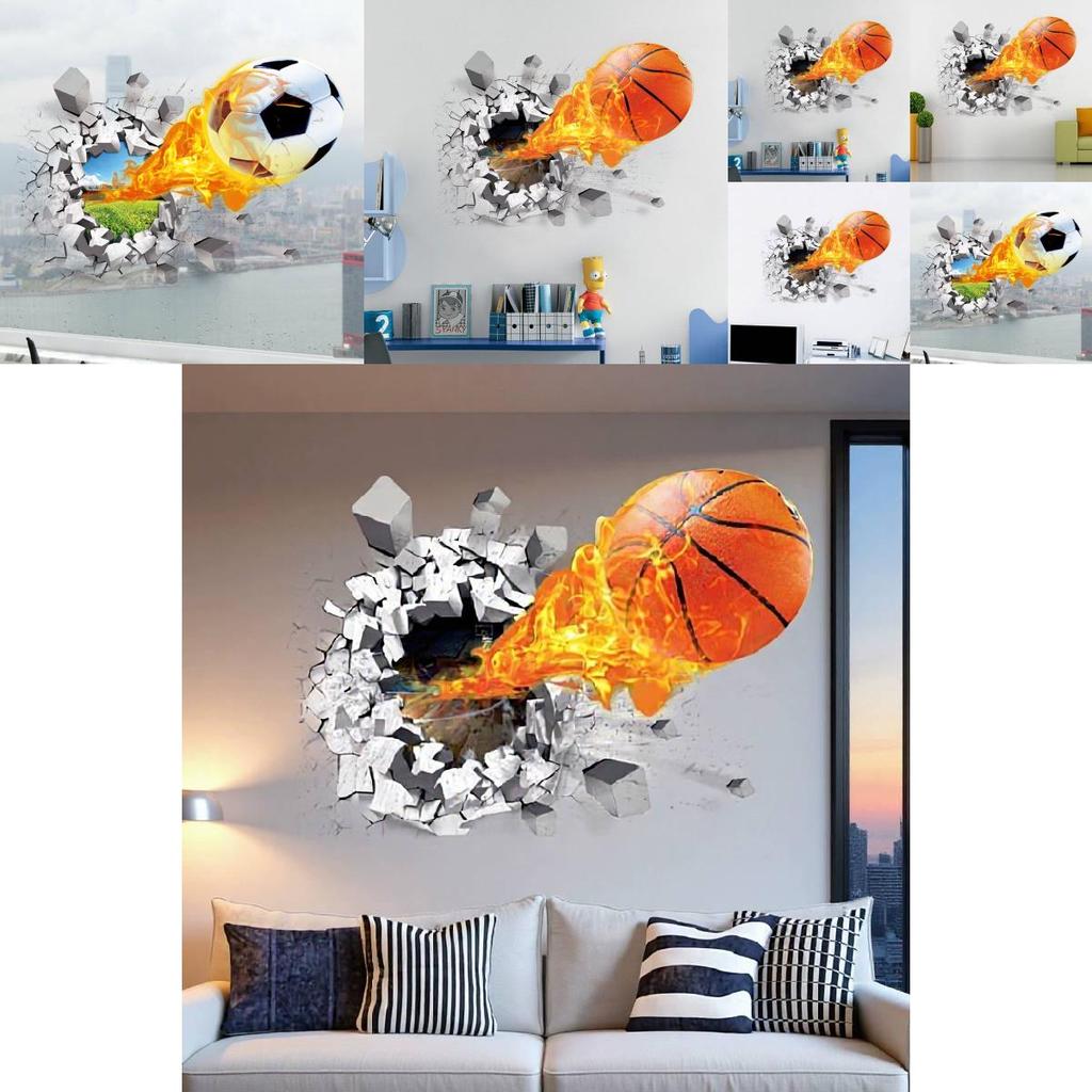 Kids Bedroom Wall Art Sticker With Fire Basketball Pattern Pvc Selfadhesive For Decor