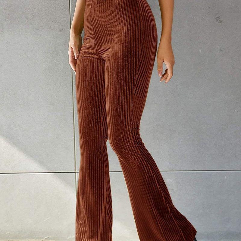 Graceful Personality New Arrival European and American Women's Clothing Fashion Sexy Pure Color High Waist Pleuche Sunken Stripe Bell-Bottom Pants