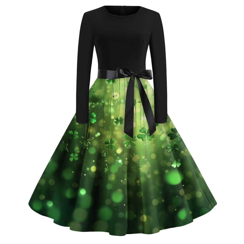 Women's Printed Round Neck Big Hem  Skirt Pleated Skirt Long Sleeved Dress Dress