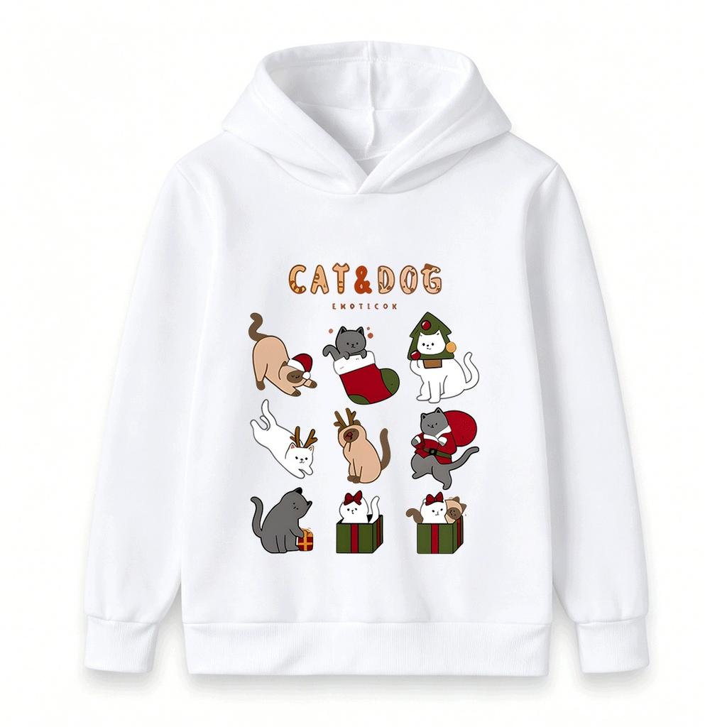 Kids Boys Girls Christmas Cat Cartoon Print Hoodie, Casual Long Sleeve Pullover Sweatshirt for Holiday Daily Wear