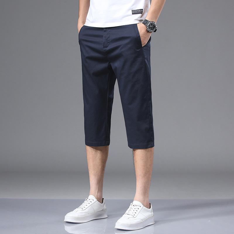Summer Mens Cotton Cropped Pants Fashion Casual Loose Leg Straight Trouser Vintage Calf-Length Shorts Streetwear