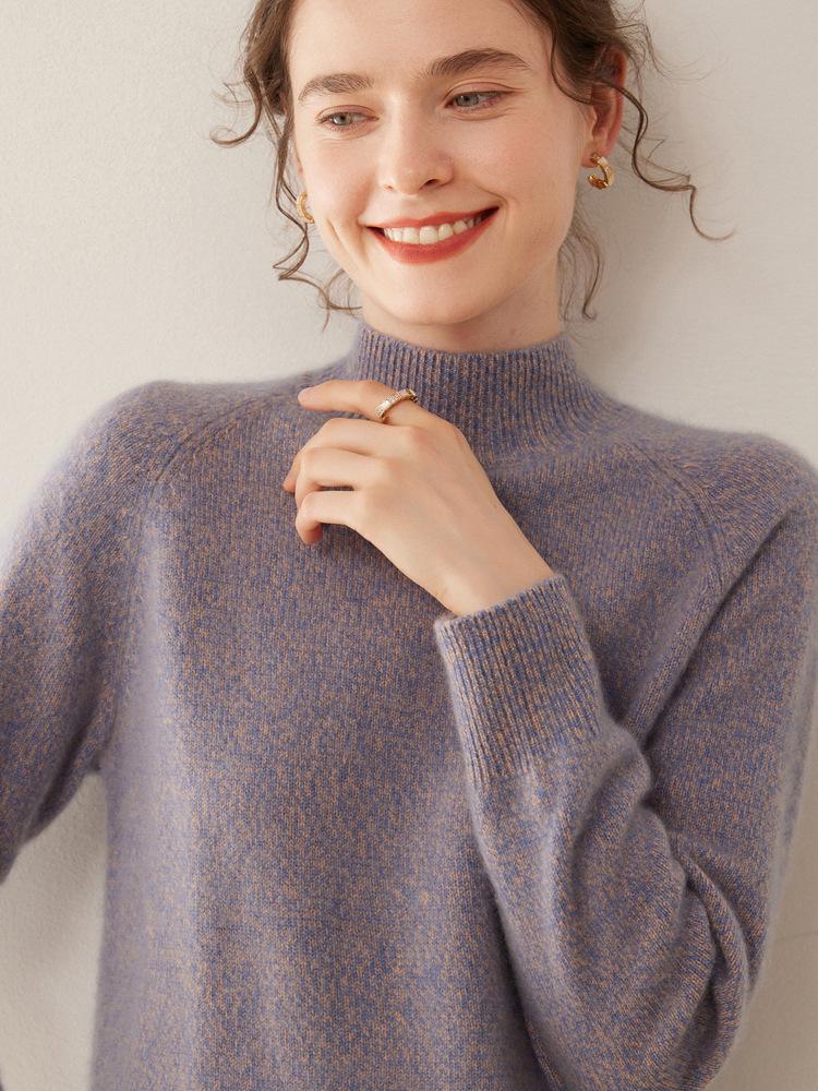 Heathered Cashmere Half-High Collar Women's Knit Base Layer - Slimming, Loose, Warm, Simple, Versatile Top