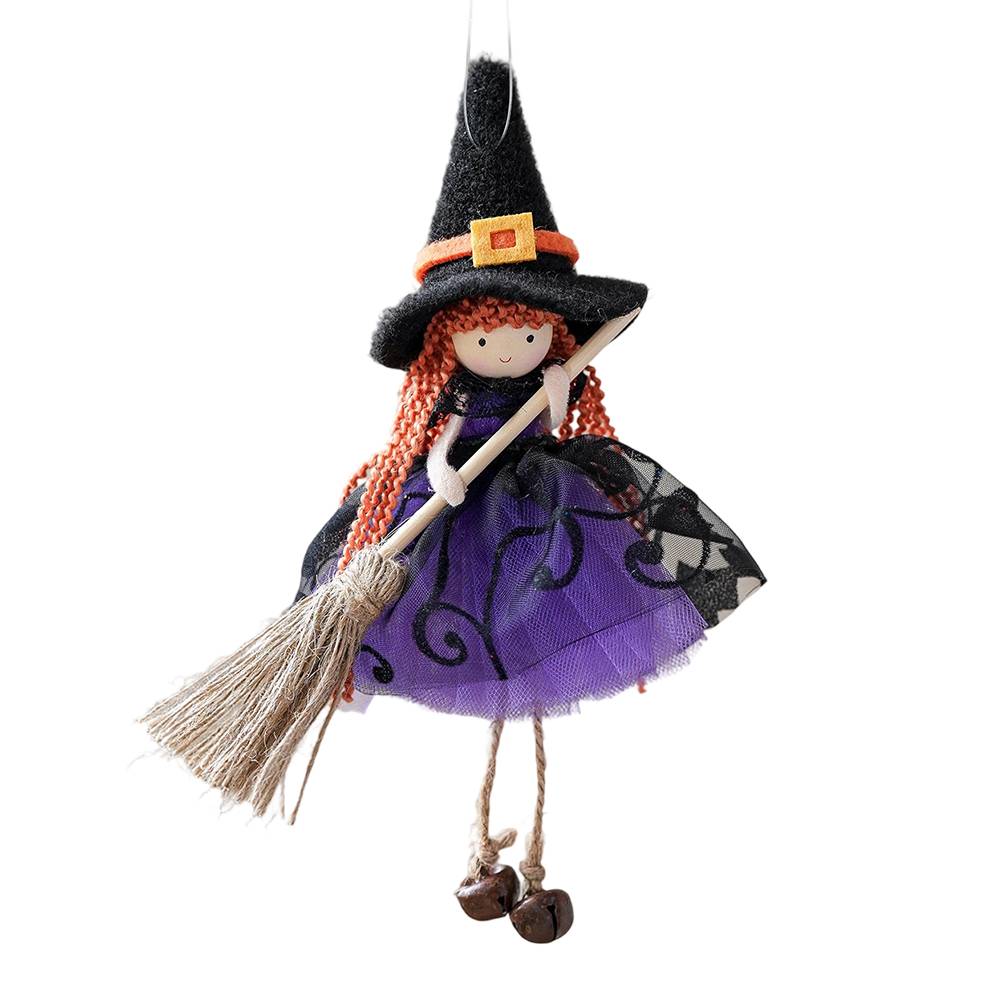 Halloween Witch Prop Tree Ornament with Broom for Seasonal Hanging Home Decoration Cloth Size 20 by 12 Centimeters