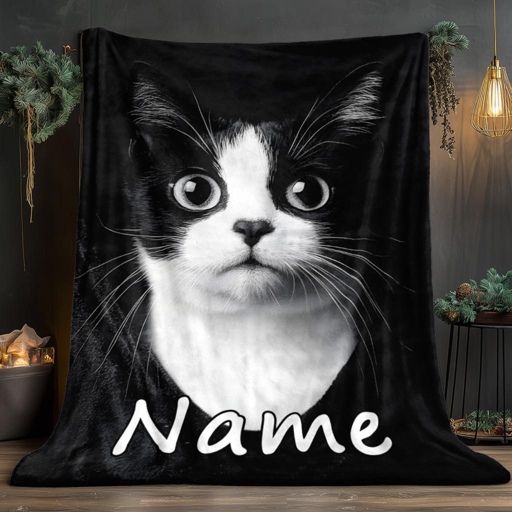 Custom Black White Cat Blanket Personalized Name Fleece Throw All Season Soft Warm Bedding Home Decor Gift for Cat Lovers