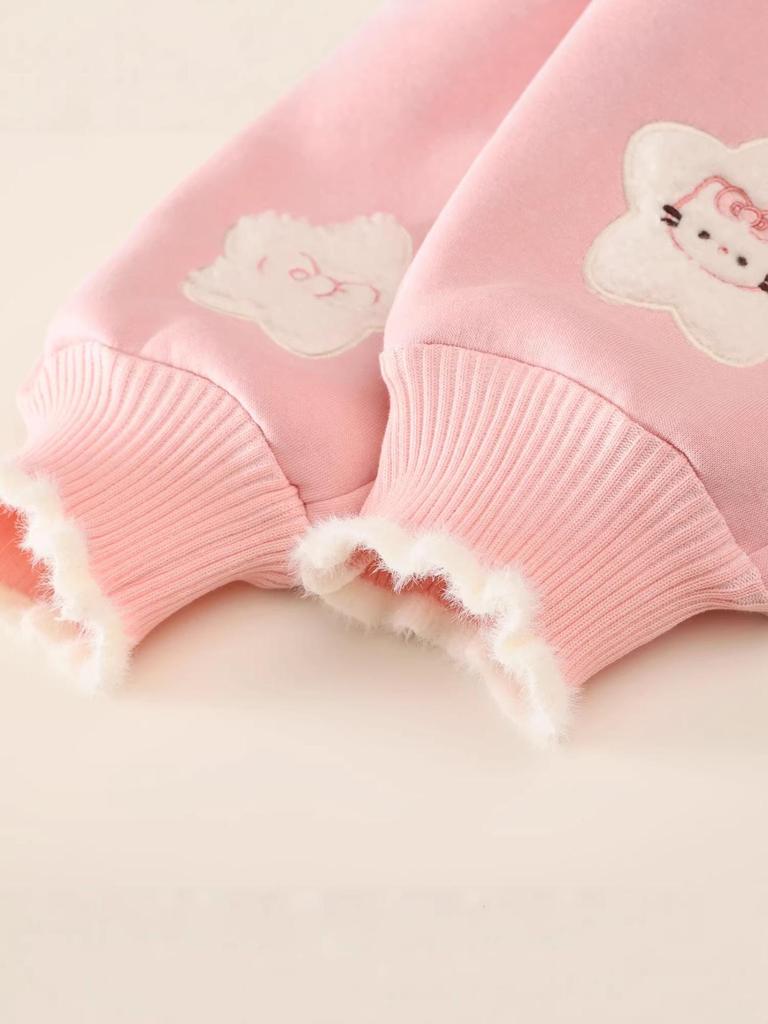 Girls' Winter Velvet-Lined Trousers – Thick, Cuffed, Cartoon Design, Warm Sweatpants for Autumn/Winter.