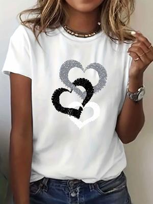 Europese maten Cartoon Hart Print T-shirt, Korte Mouwen Ronde Hals Casual Top voor Dames, Geschikt voor Zomer En Lente.